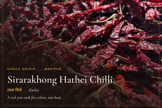 Whole dried Sirarakhong Hathei red chillies from Manipur, single origin, deep even red