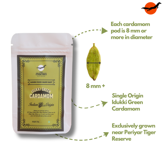 Infographic showing Idukki Green Cardamom 8mm+ bold grade pods grown near Periyar Tiger Reserve, Kerala